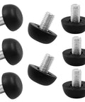Adjustable M8 Furniture Leg Levelers Eight Pack With Screw In Leveling Feet Glides, black base, stainless steel thread, front view
