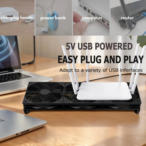Quiet 120Mm Router Cooling Fan Keeps Your Network Setup Chillin Smooth With Direct Usb Powered Thermal Dissipation For Servers Workstations And Rack Mounts in black, positioned under a router.