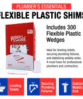 Wobble Wedges 300 Pack Flexible Plastic Shims for Leveling Furniture and Fixtures box with sample shims, labeled uses, Made in USA.