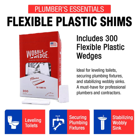 Wobble Wedges 300 Pack Flexible Plastic Shims for Leveling Furniture and Fixtures box with sample shims, labeled uses, Made in USA.