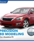 Red Nissan Altima 2013-2015 with installed headlights for driver and passenger side showcased with polished chrome housing