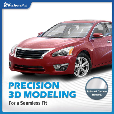 Red Nissan Altima 2013-2015 with installed headlights for driver and passenger side showcased with polished chrome housing