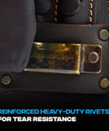 Close-up of reinforced rivets and metal holder on an Oil Tanned Leather Tool Pouch With Ten Pockets And Hammer Holder For Carpenters.