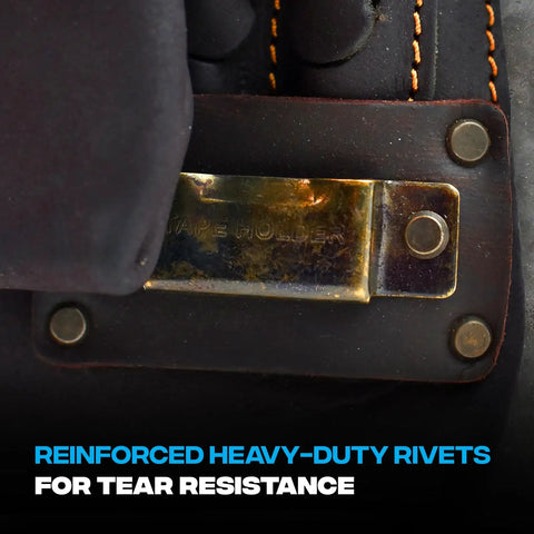 Close-up of reinforced rivets and metal holder on an Oil Tanned Leather Tool Pouch With Ten Pockets And Hammer Holder For Carpenters.