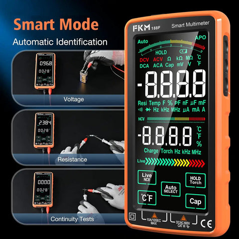 Image of Compact Digital Multimeter Tester With 5 Inch Touch Screen Auto Ranging TRMS 6000 Counts showing smart mode and functions