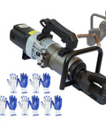 Badass Heavy Duty Electric Hydraulic Rebar Bender With Double Handles And Work Gloves Plus Straight Up Pro Level Portable Steel Cutter and Pipe Bending Tool shown with blue and white work gloves.