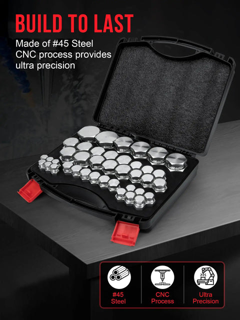 80 Piece DIN Light Duty Cap And Plug Hydraulic Adapter Fitting Kit Set With Galvanized Steel Construction shown in open case