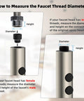 How to measure the faucet thread diameter with stainless steel faucet spouts, showing male and female connections.