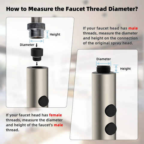 How to measure the faucet thread diameter with stainless steel faucet spouts, showing male and female connections.