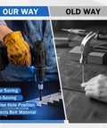 Image comparing Ultimate Power Hole Punch Tool For Heavy Duty Belt Fastener With 1/2 Inch Drive to traditional methods.