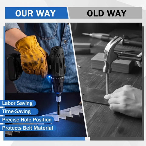 Image comparing Ultimate Power Hole Punch Tool For Heavy Duty Belt Fastener With 1/2 Inch Drive to traditional methods.