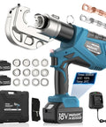 Badass Heavy Duty Electric Hydraulic Crimping Tool With Dual Fast Charge Packs For Quicker Rounds And Consistent Copper Connections Rated For 12 Ton Load with batteries and accessories.
