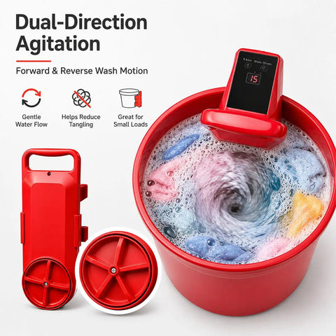 Ditch The Laundromat Grind With This Portable Bucket Washer Featuring A Dual Agitator And Adjustable Timer For Zero Sweat Cleaning Perfect For Road Trips And Dorm Rooms A Game Changer Compact Setup That Handles Small Loads Effortlessly showing red bucket washer with dual agitator and bubbly water.