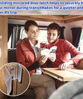 Interior of RV with couple reading, featuring Two Pack RV Sliding Mirrored Door Latch Replacement Hardware, Universal H527 Fit