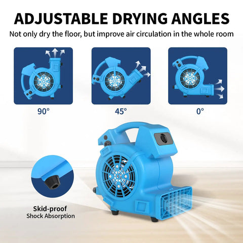 Powerful Air Mover 1/8 HP 550 CFM Carpet Dryer and Floor Blower With 3 Speed Settings and Daisy Chain, adjustable drying angles