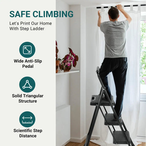 Person using Built Tough Heavy Duty Steel Step Ladder With Anti Slip Pedal And Comfortable Handrail 800 Pounds Capacity in home