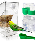 Hassle Free Bird Feeder And Water Dispenser Set Featuring Clear Acrylic Jar And Secure Perch For Parakeets Budgies And Lovebirds with food and water.
