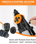 Close-up of Quarter Inch Pop Rivet Gun Kit With 210 Blind Rivets And Five Tool Free Interchangeable Heads, hand changing tool-free head.