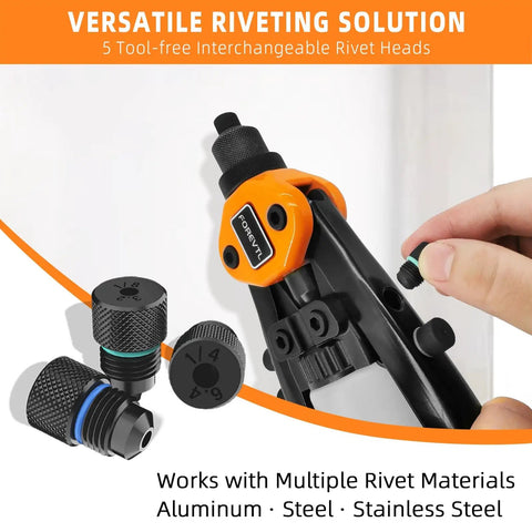 Close-up of Quarter Inch Pop Rivet Gun Kit With 210 Blind Rivets And Five Tool Free Interchangeable Heads, hand changing tool-free head.
