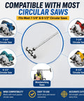 Precision Circular Saw Guide Rail Kit Featuring Heavy Duty Positioning Calipers shown with compatible circular saws for accurate cuts.