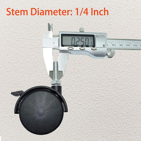 Digital caliper measuring stem diameter of 2 Inch Shelving Caster Swivel Stem Wheel With 1/4-20 Thread Stem For Small Shelves And Furniture Pack Of 4 No Brakes Durable Heavy Duty Caster For Easy Mobility And Rearrangement Of Cabinets And Racks