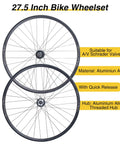 27.5 Inch Mountain Bike Wheel Set with aluminum alloy rims and threaded hub, includes quick release skewers, disc brake compatible