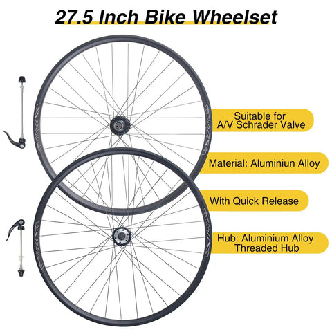 27.5 Inch Mountain Bike Wheel Set with aluminum alloy rims and threaded hub, includes quick release skewers, disc brake compatible