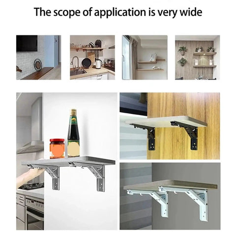 Four Pack Triangle Folding Brackets Built Tough Floating Shelf Support For Wall Mounted Benches And Tables Ideal Space Saving Hardware For Tools White 10 Inch displayed in various room settings
