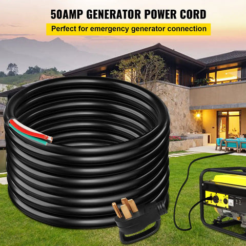 Rock Solid 25 Foot 50 Amp Generator Extension Cord With Nema 14 50P To Raw End Wire for emergency generator connection outdoors.