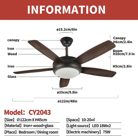 Sleek Black Outdoor Ceiling Fan With Lights, Farmhouse Style, 48 Inch, Remote Control, Quiet Copper Motor, dimension details