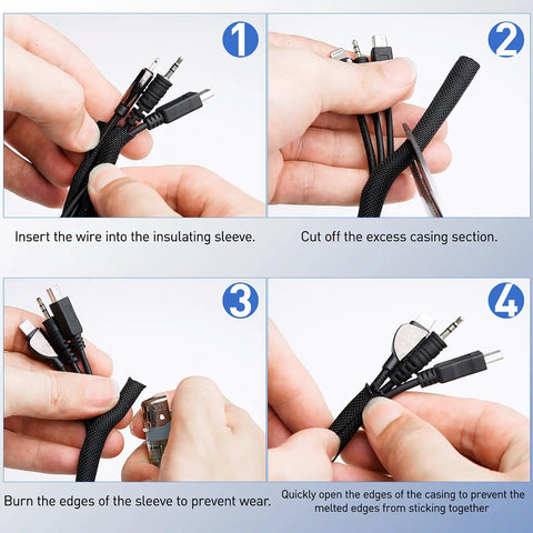 Steps showing use of Automotive Cable Management Sleeve 18 Feet Braided Split Wire Loom Heat Resistant Cord Cover