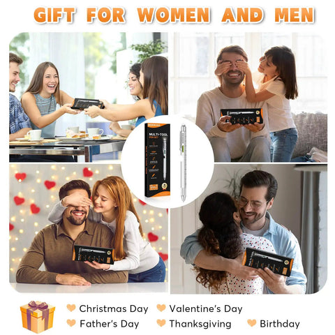 Collage showing 9 In 1 Multitool Pen Gift For Men With Personalized Gift Box Ideal Fathers Day Gift For Dad Husband Boyfriend Grandpa.