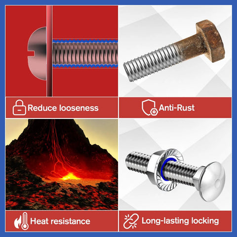 Thread locker for nuts and bolts; blue and red medium-strong adhesive; prevents loosening, anti-rust, heat resistant.