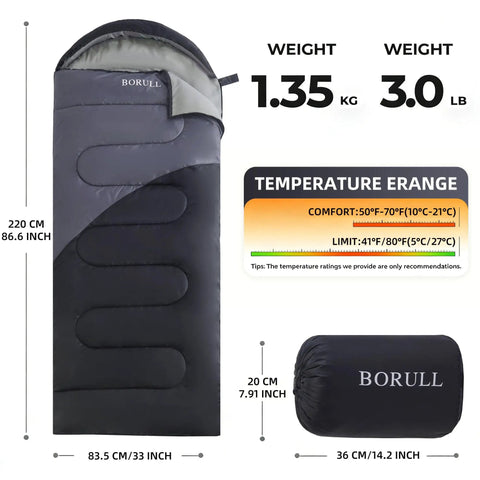 Lightweight Warm Weather Sleeping Bag For Adults And Teens With Compression Sack, Compact Backpacking Gear, Roomy 33 By 86.6 Inches, Fits Up To 5 Ft 11 In, Great For Hiking, Travel, Climbing, Indoor Or Outdoor Camping showing size and weight details