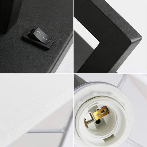 Close-up of Black Finish Wall Sconce With White Textile Shade, On Off Switch, E26 base socket and textile detail visible.