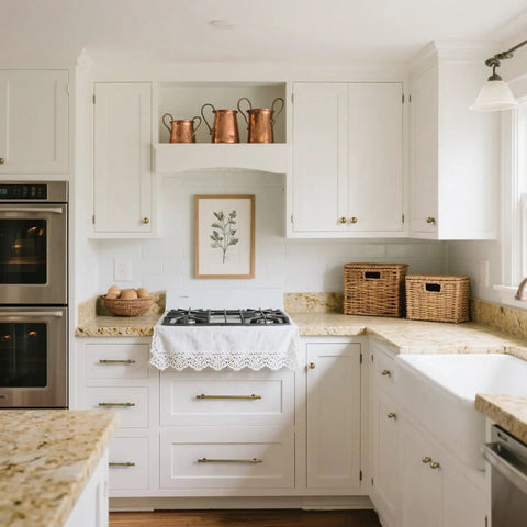 Modern kitchen with white cabinets featuring 5 Inch Cabinet Pulls Brushed Antique Brass, Heavy Duty Kitchen Cabinet Handles, 10 Pack.
