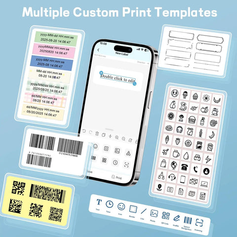 No Sweat Bluetooth Label Maker Mini Thermal Printer Pocket Sized Wireless Labeling Machine For Quick Errands And Daily Drives No Ribbon Required Super Handy Everyday Carry showcasing multiple print templates on smartphone.