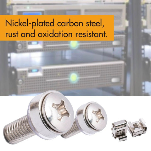Bulletproof M6 X 20mm Rack Mount Screw Kit With Cage Nuts And Washers For Network Servers And Routers, nickel-plated carbon steel bolts.