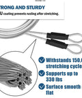 Close-up of 8.5 Foot Garage Door Cable Replacement Kit With One Eighth Inch Vinyl Coated Wire Cables And Parts Fits Seven Foot Garage Doors Two Pack Durable Rust Resistant showing durable, smooth cables with TPU coating preventing rust, supporting 330 lbs, and withstanding 150,000 cycles.