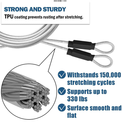 Close-up of 8.5 Foot Garage Door Cable Replacement Kit With One Eighth Inch Vinyl Coated Wire Cables And Parts Fits Seven Foot Garage Doors Two Pack Durable Rust Resistant showing durable, smooth cables with TPU coating preventing rust, supporting 330 lbs, and withstanding 150,000 cycles.