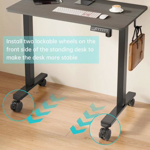 Top Shelf Standing Desk Casters With Lockable M8 Stem Rollers on a desk, showcasing two lockable wheels for stability.