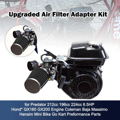 Upgraded Mini Bike Air Filter Adapter Kit For Predator 212cc And Coleman CT200U Go Kart Engines GX160 GX200 shown installed on engine