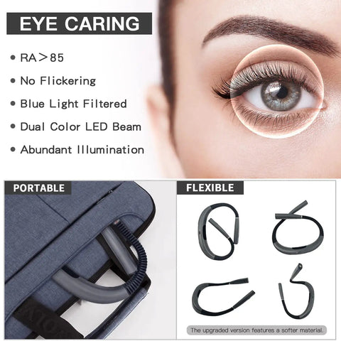 Close-up of eye caring features with rechargeable LED neck reading light showing flexible, portable dual head design.