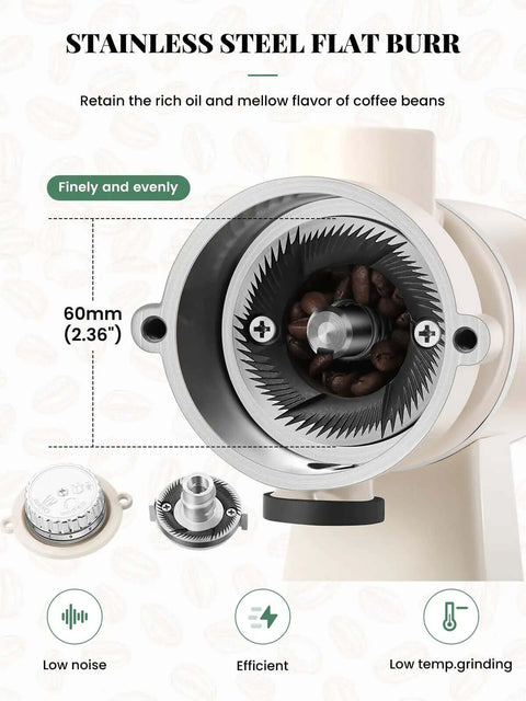 Close-up of 60mm stainless steel flat burr in Electric Coffee Bean Grinder 250G For Commercial And Home Use 200W Automatic Burr Grinder.