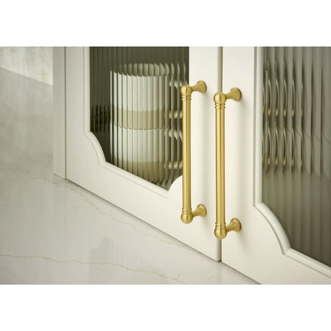 Kara 5 1/16 Inch Center To Center Bar Pull In Honey Bronze, Rugged Cabinet Hardware With Premium Feel, Built To Last, Smooth Grip, Lifetime Warranty, Elevates Kitchen And Bath Storage on white cabinet doors