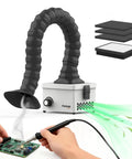Straight Up Heavy Duty Solder Fume Extractor With Beastmode Suction And Washable Hepa Filters That Runs Pretty Damn Quiet Featuring Flex Gooseneck Snorkel and thumb wheel speed control at a workbench.
