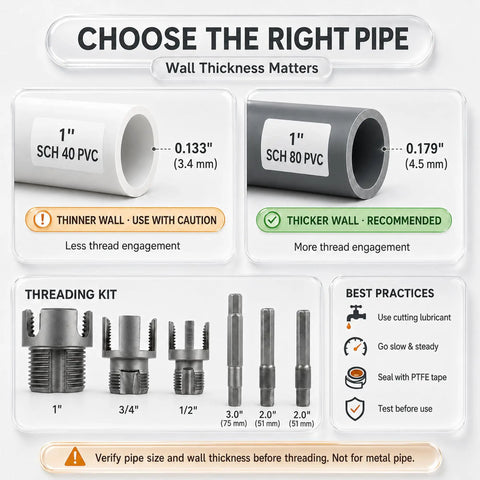 Knockout 10 Piece PVC Pipe Threader Kit For Power Drill Dual NPT Die Heads showing wall thickness guidelines for threading PVC pipe.