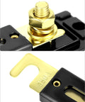 250A Inline ANL Fuse Holder Pack Of 4 For Car Audio Amplifiers, 0, 2, And 4 Gauge Wiring, Corrosion Resistant Terminals, High Temp ABS Base, Crystal Clear Lid For Quick Fuse Status, Includes 2 Mounting Holes. Close-up of 250A fuse holder terminal and lug.