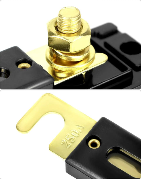 250A Inline ANL Fuse Holder Pack Of 4 For Car Audio Amplifiers, 0, 2, And 4 Gauge Wiring, Corrosion Resistant Terminals, High Temp ABS Base, Crystal Clear Lid For Quick Fuse Status, Includes 2 Mounting Holes. Close-up of 250A fuse holder terminal and lug.