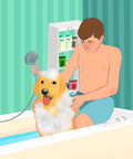 Man using hand shower with 2-In-1 Shower Bench With Storage Cabinet for Easy Pet Bathing, white frame, hidden shelves visible